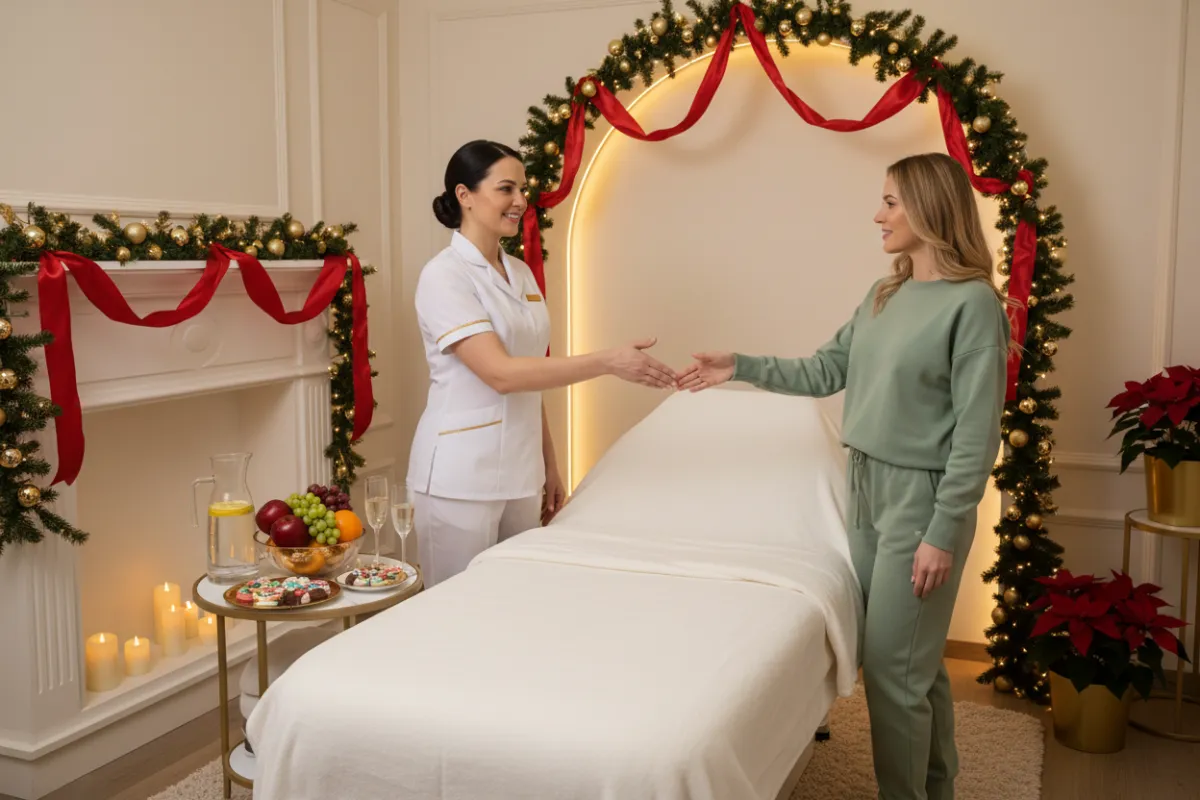 Holiday medspa event with refreshments and decor