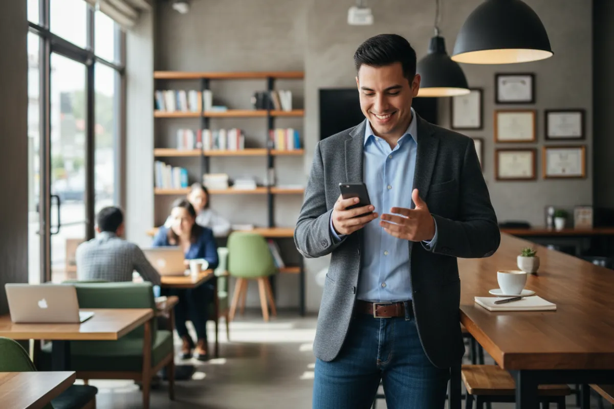 Un hombre joven mexicano sonríe mientras agenda una cita en su smartphone en una cafetería moderna.
