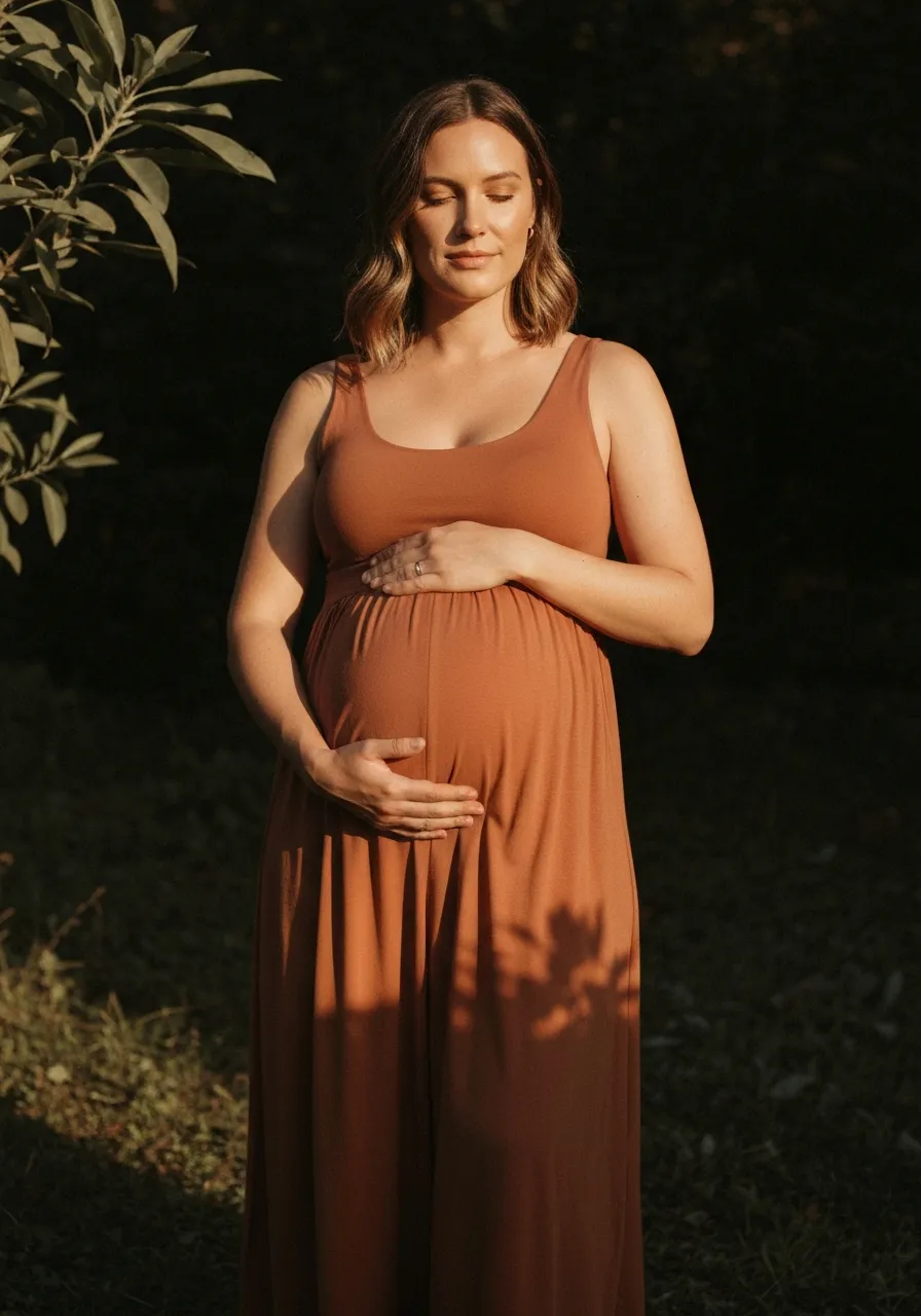 A soft-focus lifestyle image of a grounded, calm pregnant woman in nature