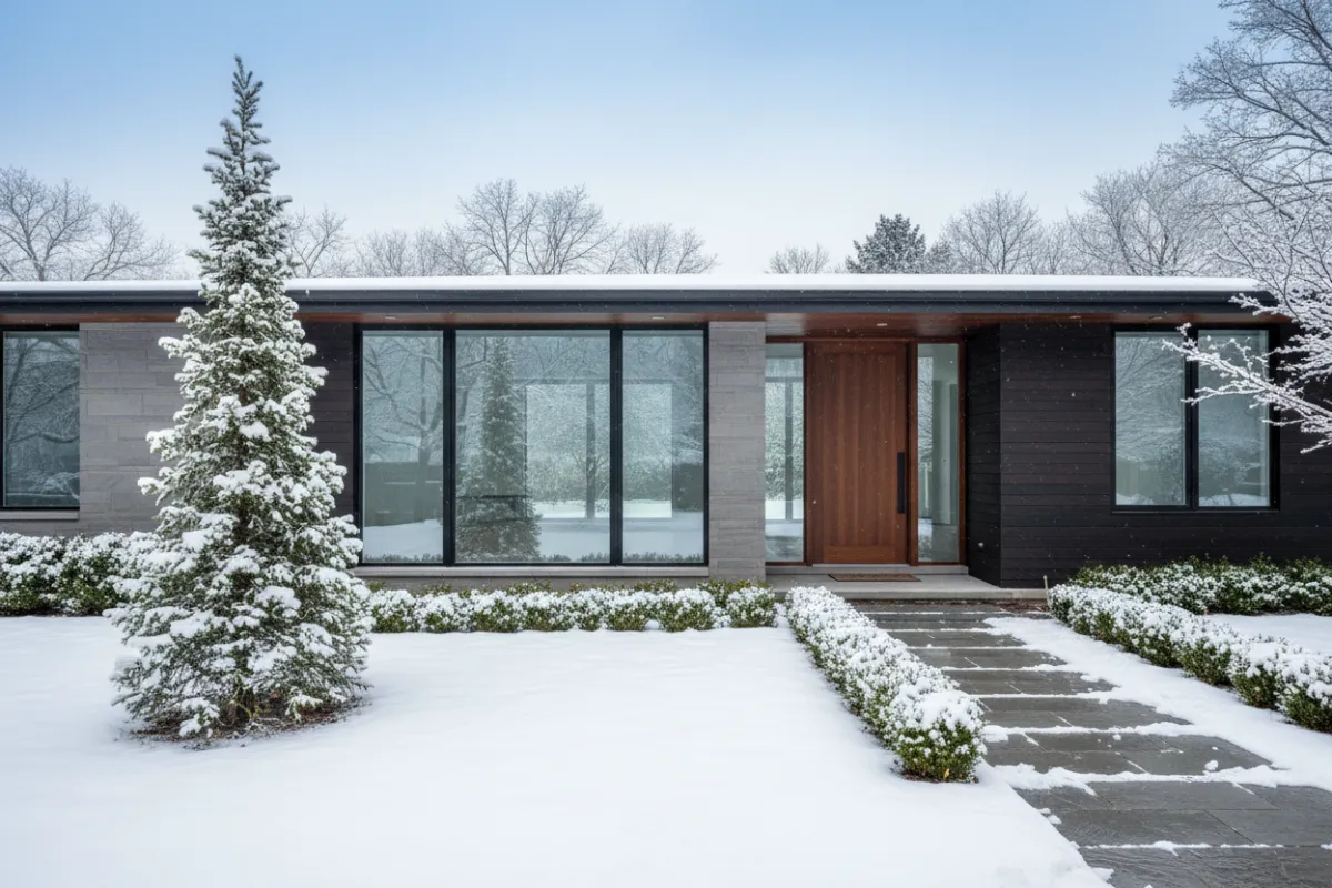 A modern, well-maintained vacant home with snow gently falling outside, windows frosted, and a clear sign of winter. The property is in pristine condition, suggesting recent professional care. Photorealistic style, 3:2 aspect ratio.