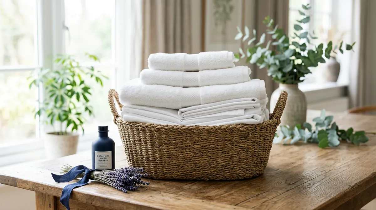 Crisply pressed linens and folded luxury towels in a bright laundry room