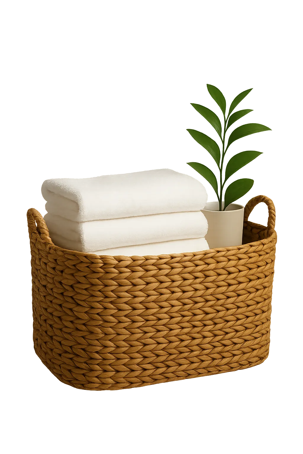 Pristine folded luxury linens and eco-friendly cleaning supplies cutout