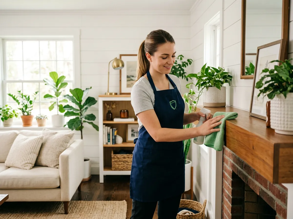 Professional cleaning technician tidying a bright New England home