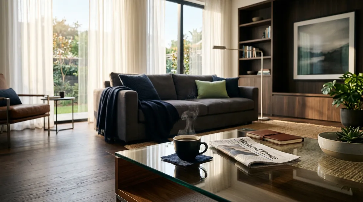 Sunlit luxury living room prepared during weekend cleaning service