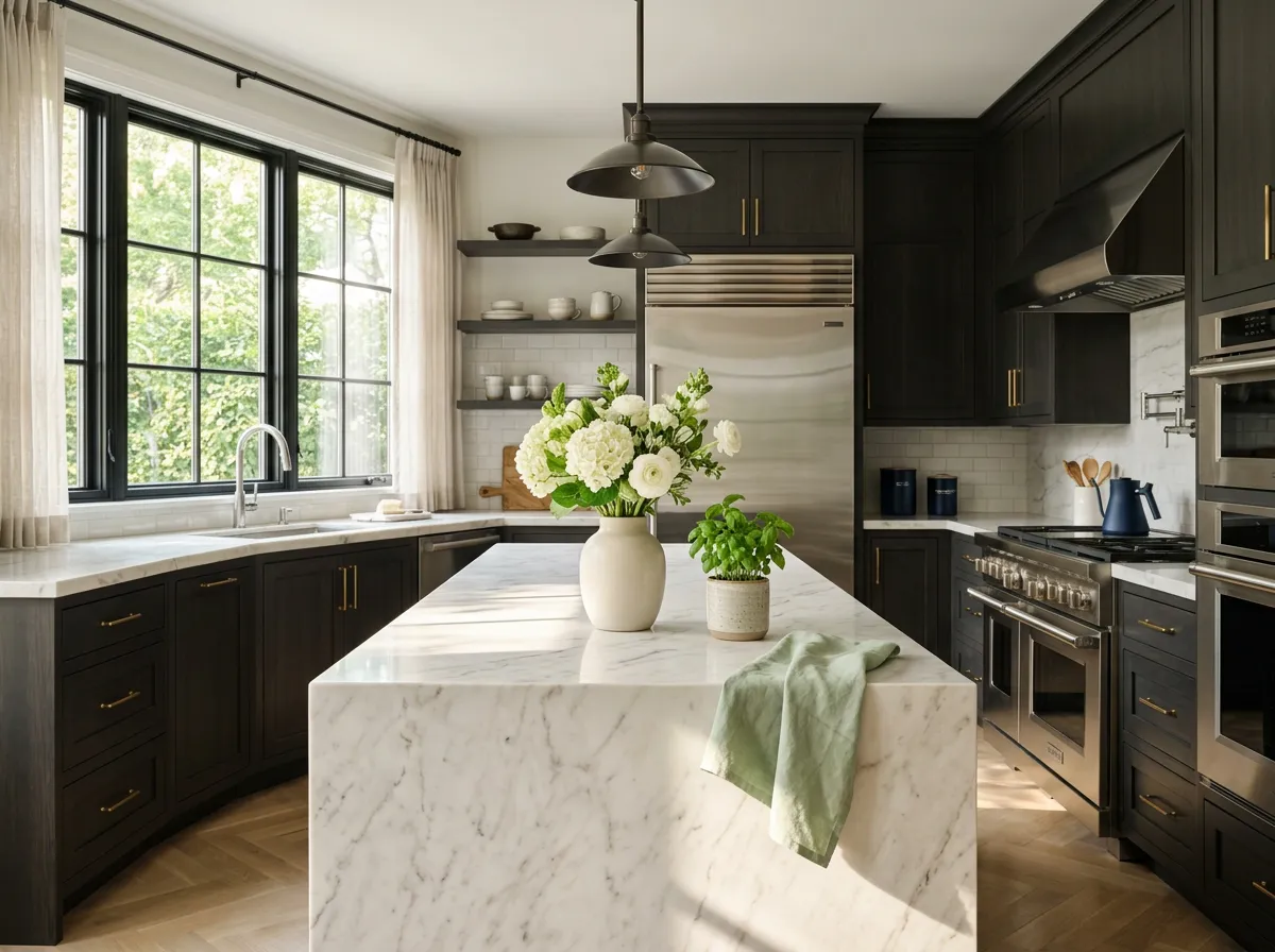 Sparkling clean kitchen island and handcrafted cabinetry with natural lighting