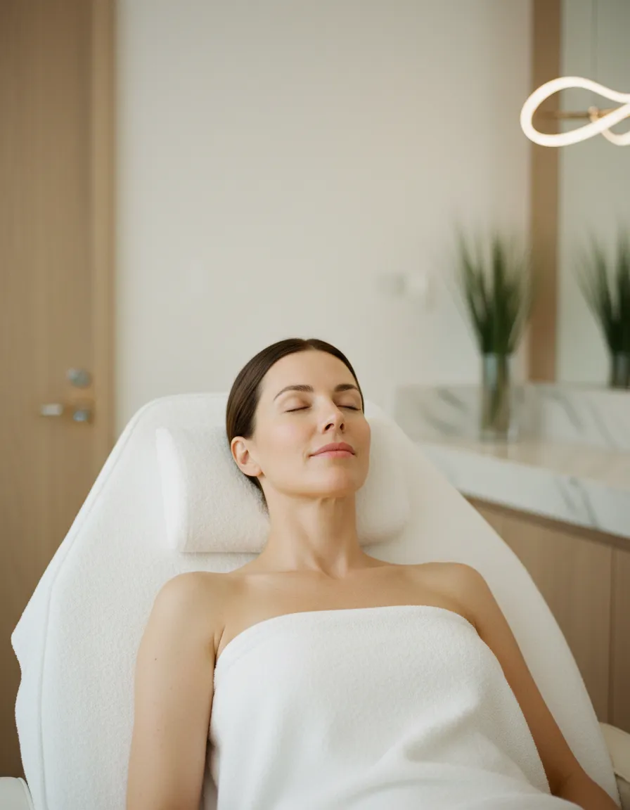 Relaxed med spa client with glowing skin