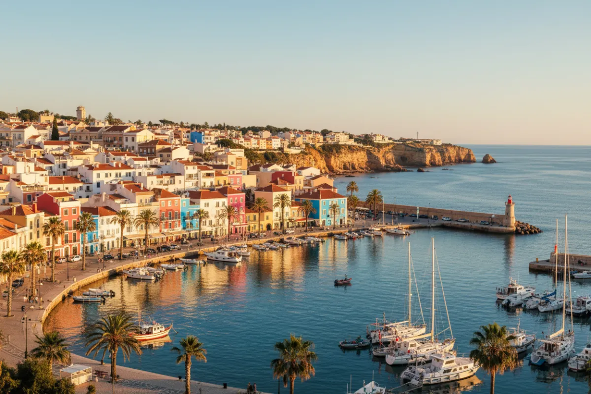 Algarve cityscape with coastal buildings and harbor