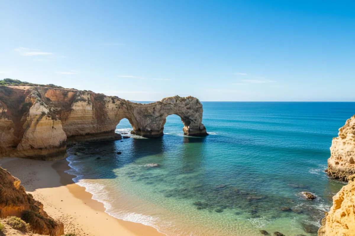 Algarve cliffs at sunset with golden rock formations and the Atlantic sea