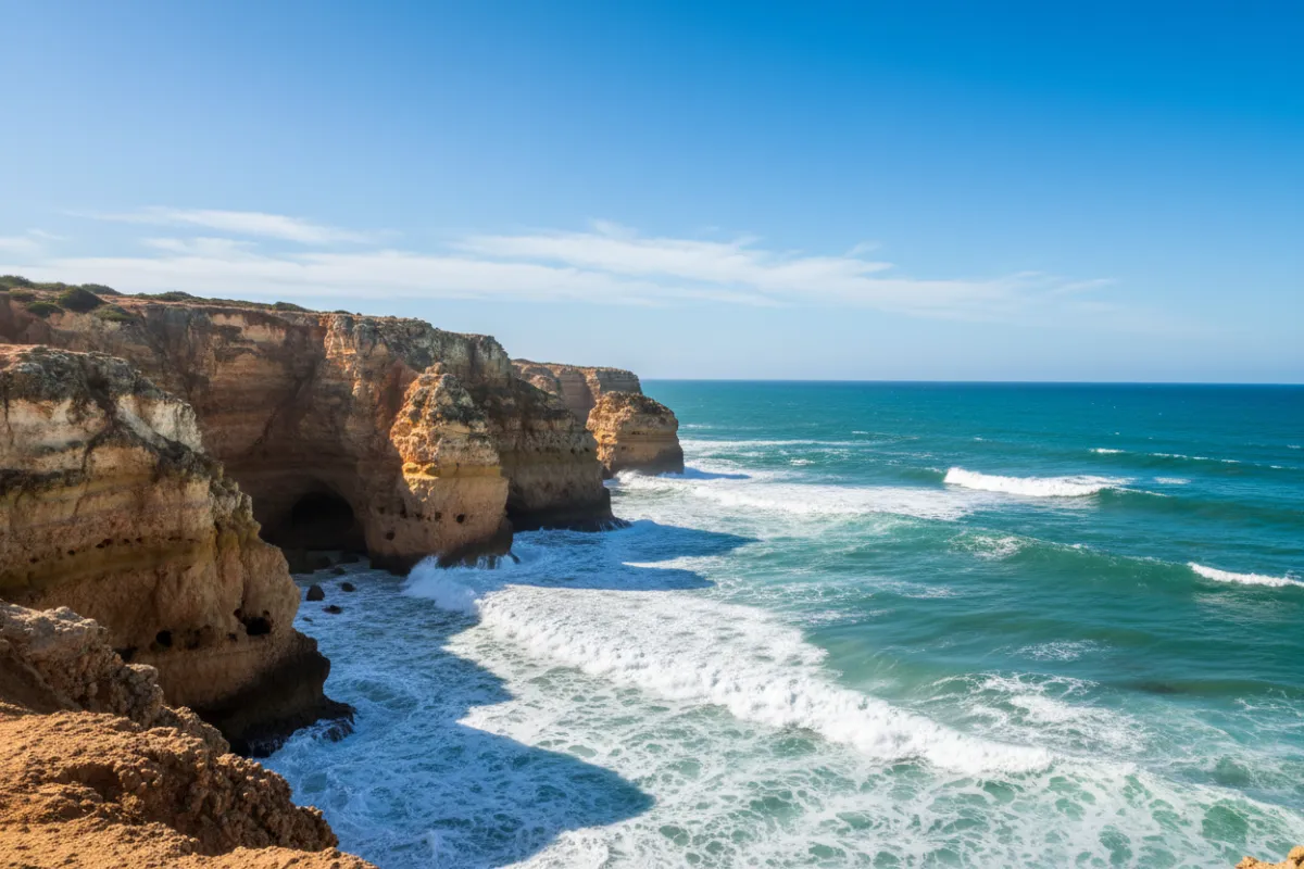 Arched coastal rock formation and clear turquoise water at an Algarve beach