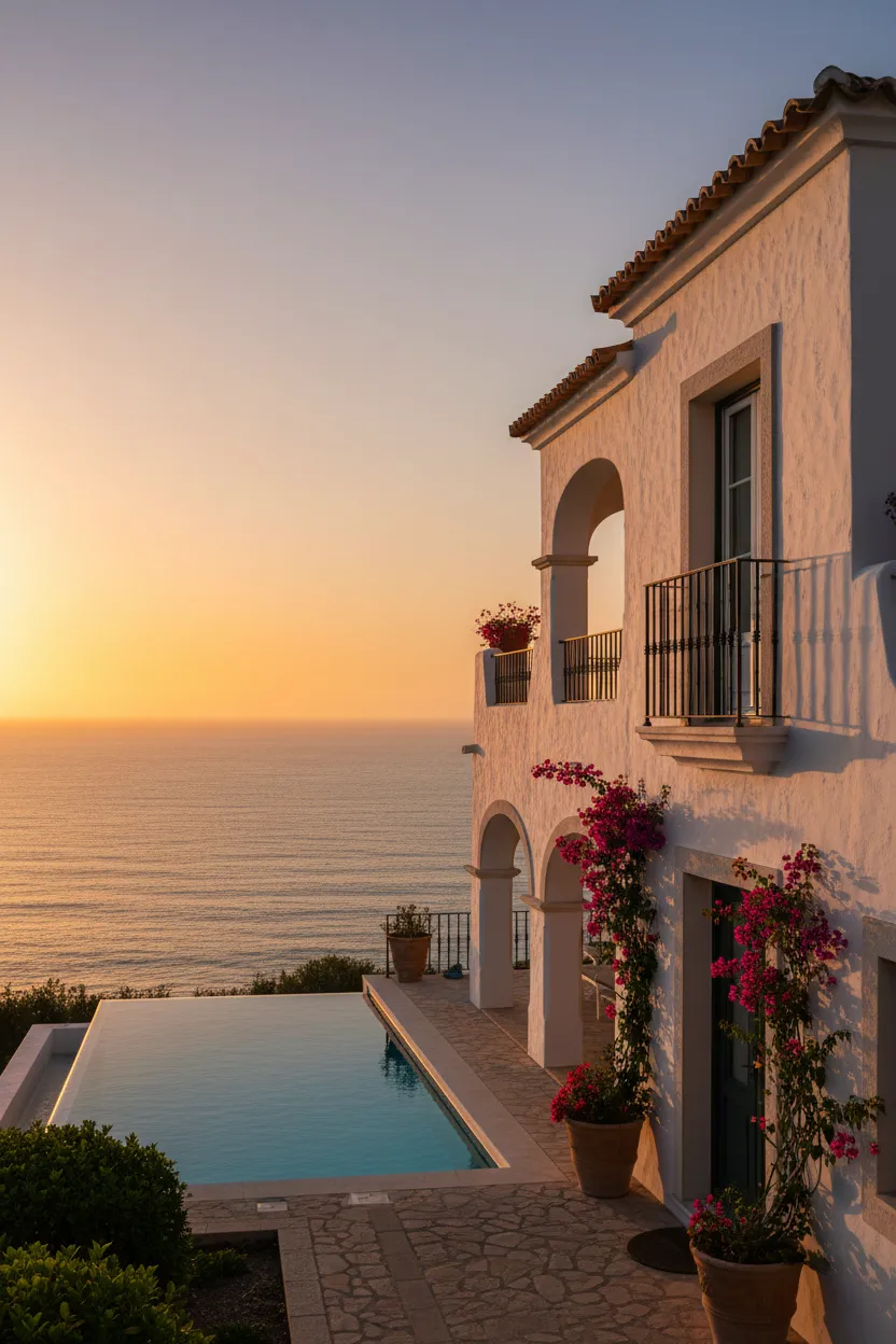Sunset over Algarve cliffs and sea