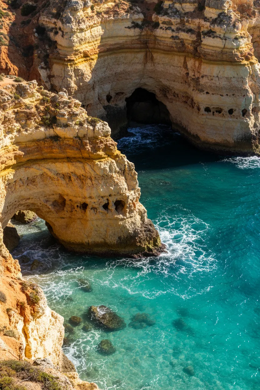 Natural rock arch on the Algarve coast with clear blue sea
