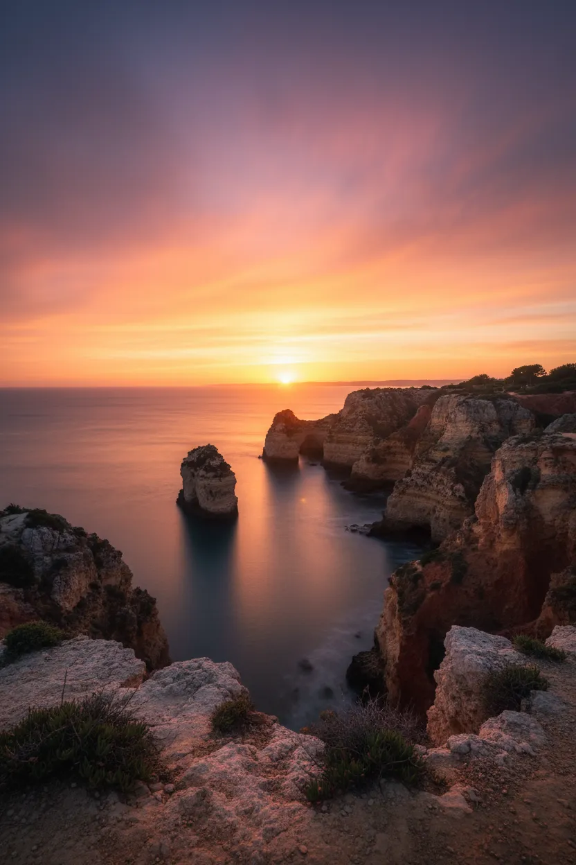 Cliffside lighthouse on the Algarve coast at sunrise