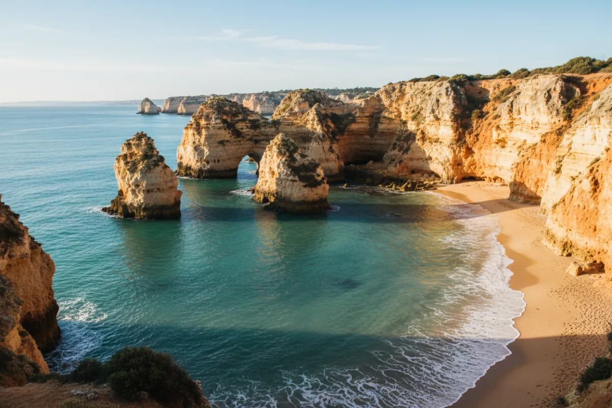 Algarve coastline with golden cliffs and turquoise Atlantic waters at sunset