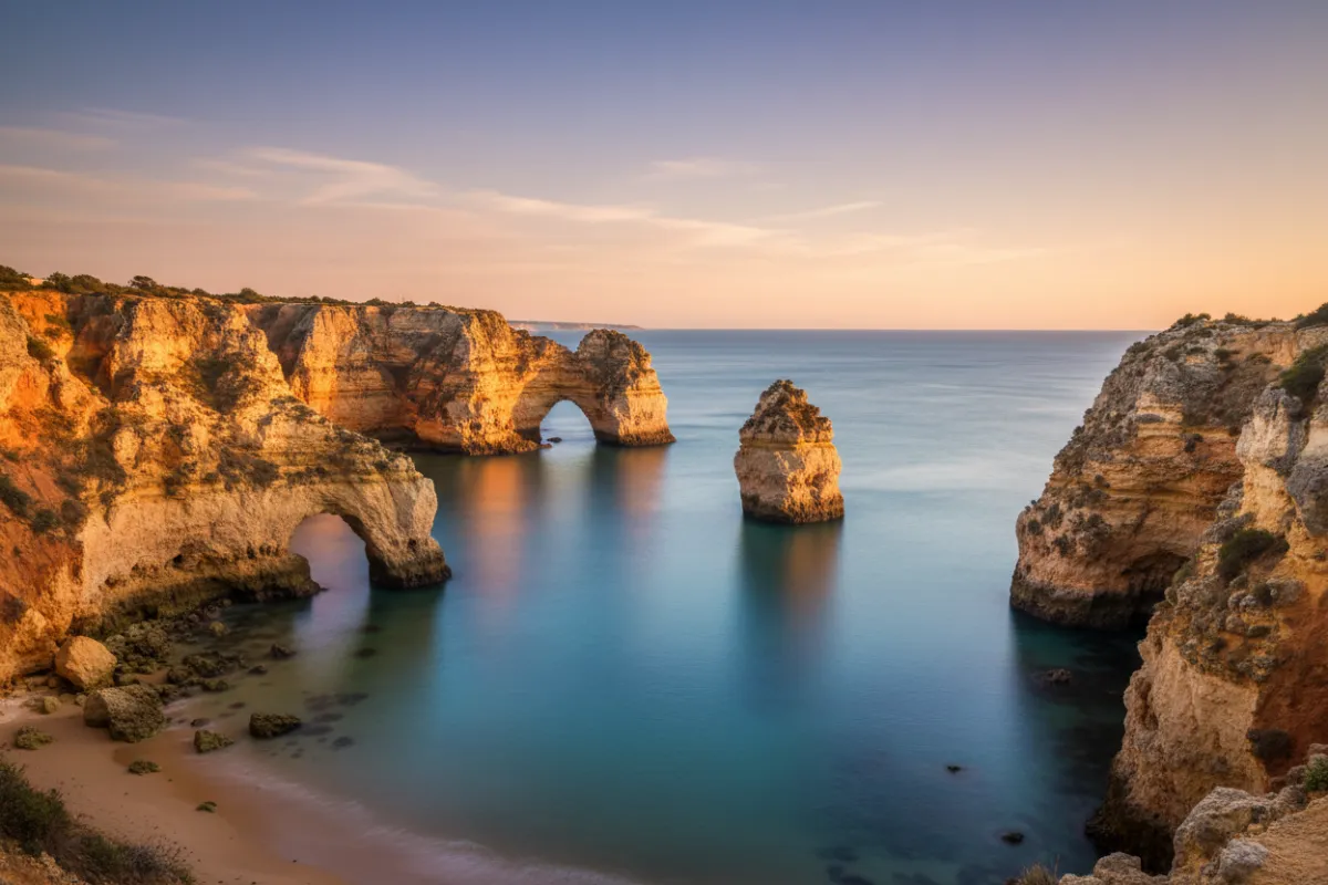 Traditional Algarve village with whitewashed houses, terracotta roofs and bright bougainvillea