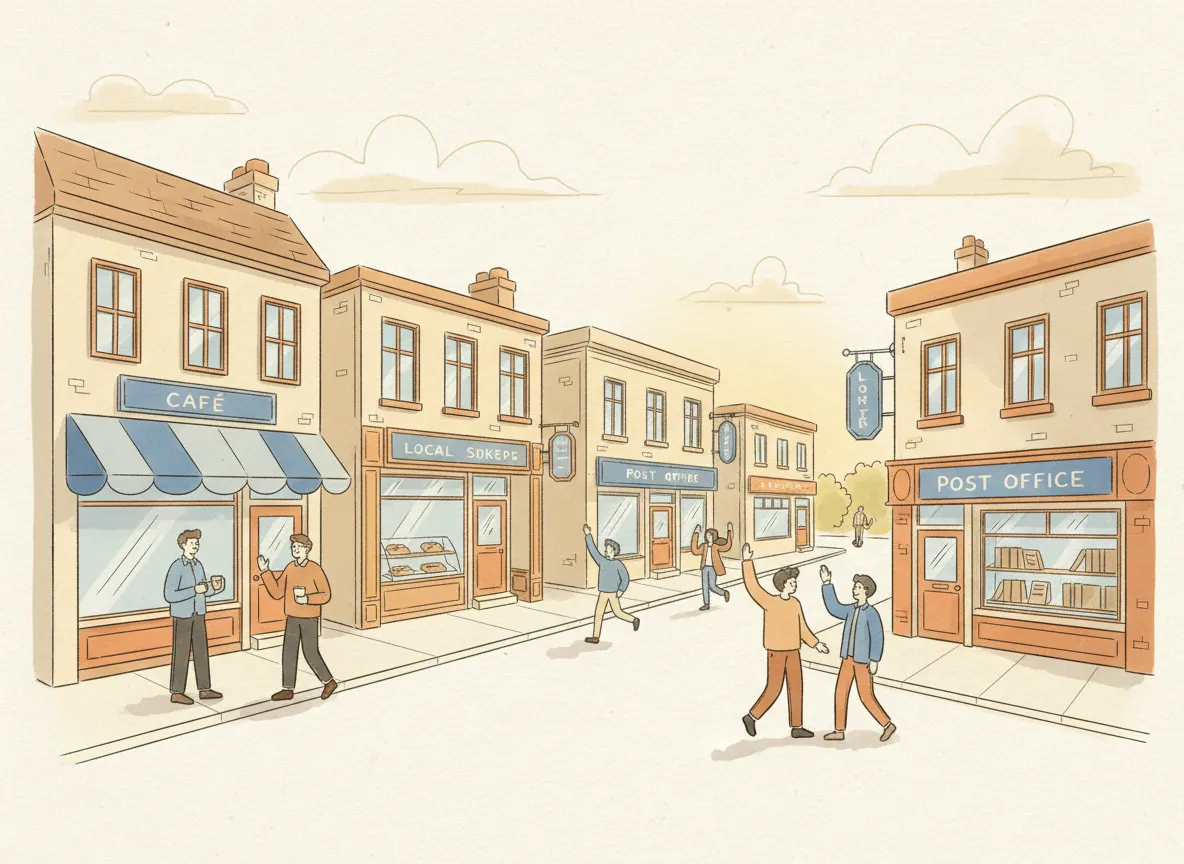 Hand-drawn style illustration of a cozy main street with local shops and people chatting
