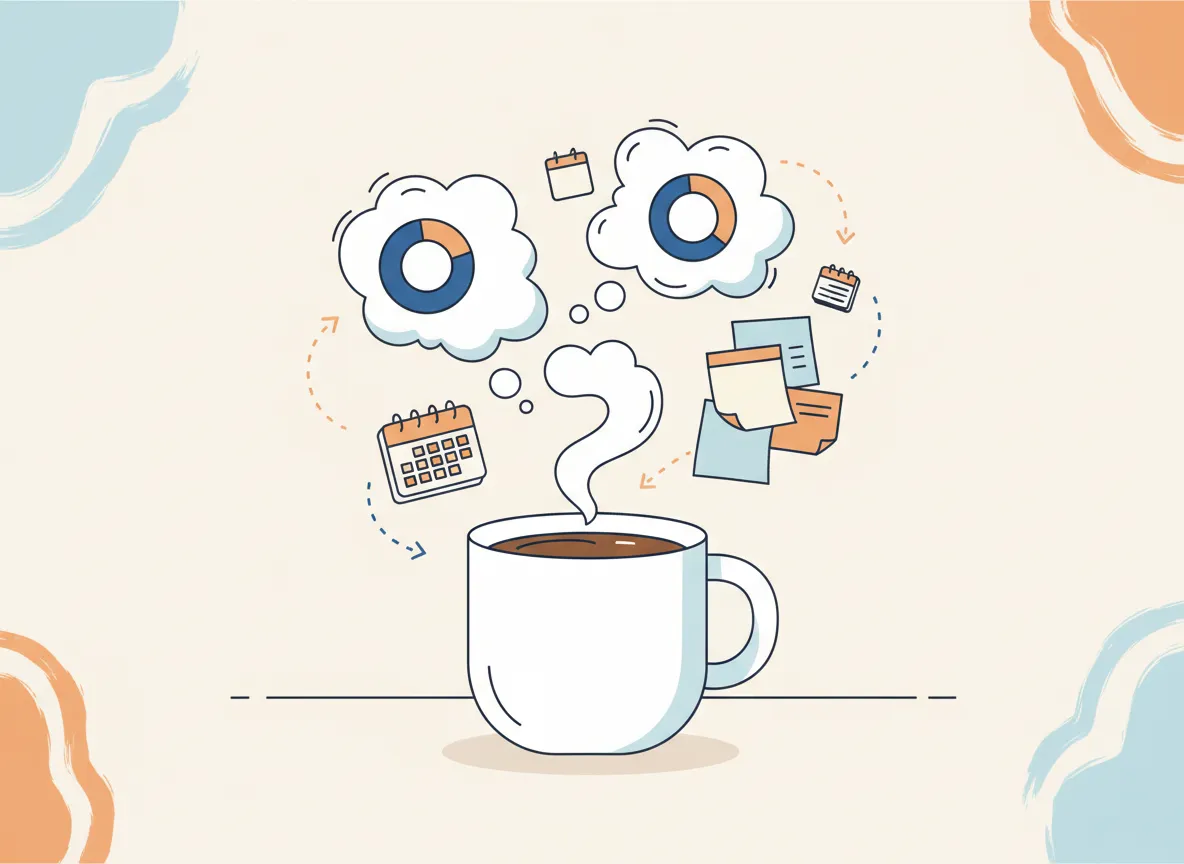 Whimsical illustration of charts, calendars, and sticky notes floating around a coffee mug