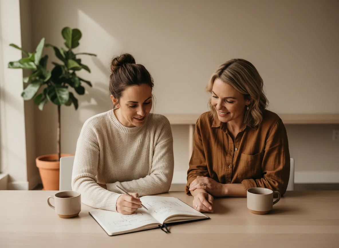 Small business owner in a warm, modern office reviewing plans with a coach