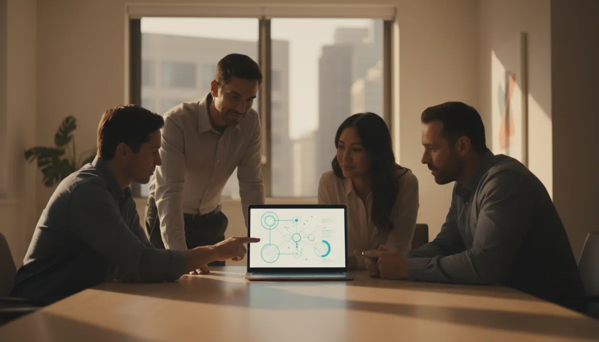 Small business team reviewing supply chain dashboard with IoT and AI analytics on a laptop in a warm, modern office