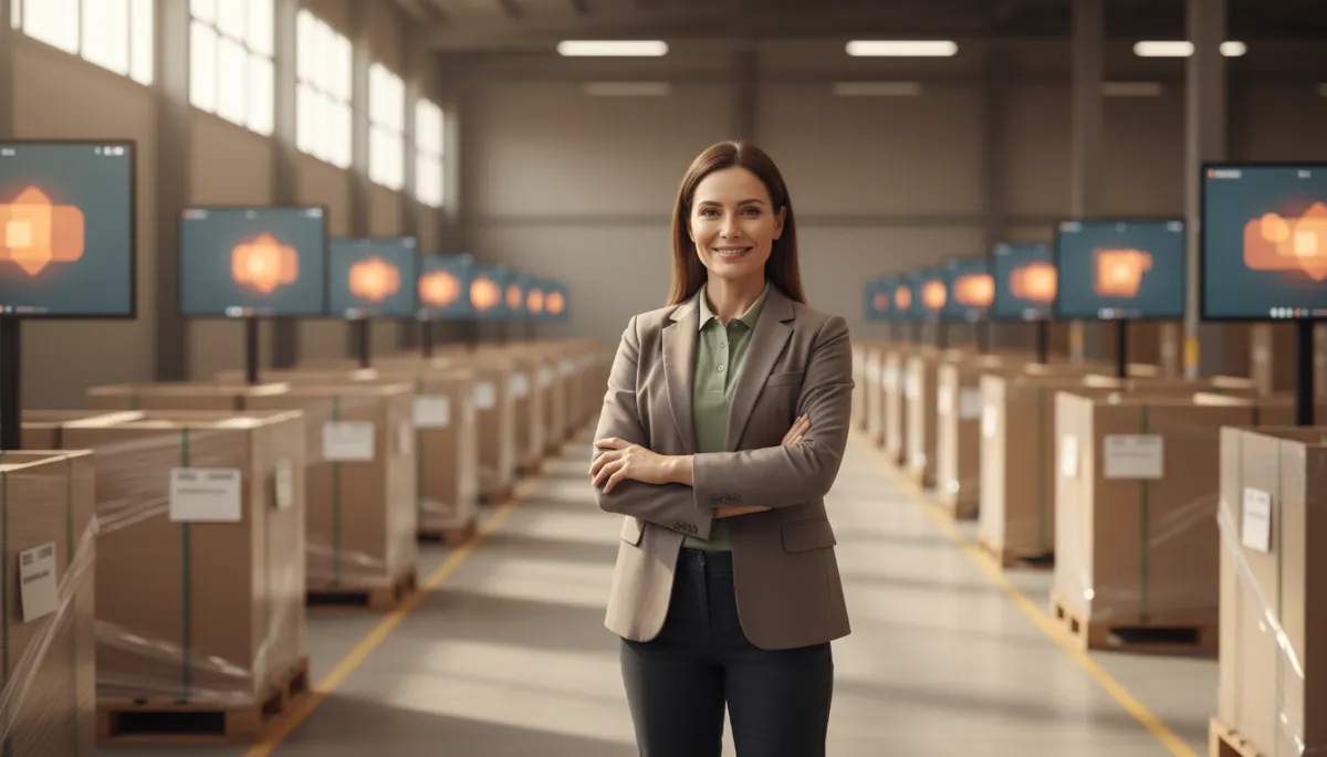 Warehouse manager smiling in a well-organized warehouse with digital inventory screens in the background