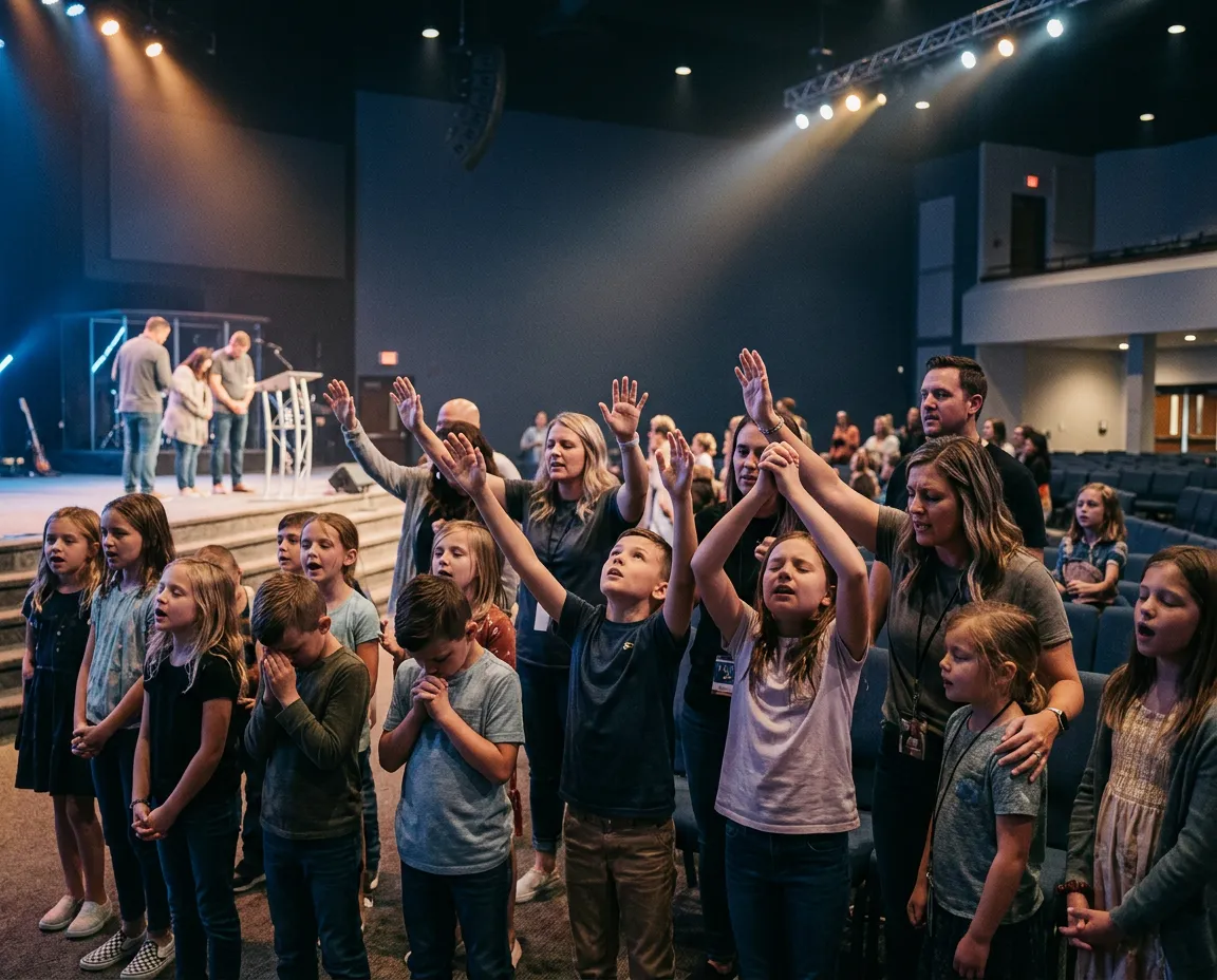 Energetic children lifting hands during a vibrant Pentecostal children's church worship and altar call moment