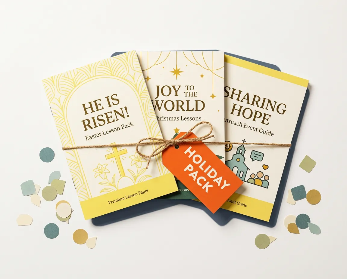 Holiday Pack curriculum lessons for Easter, Christmas, Pentecost, and Fall outreach events