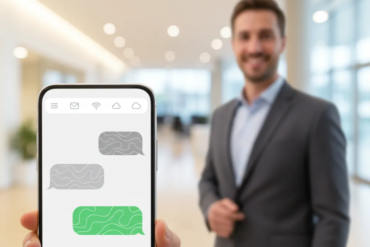 A smartphone displaying an automated text-back message, with notification icons and a businessperson smiling in the background. The scene highlights seamless communication and immediate client engagement through technology.