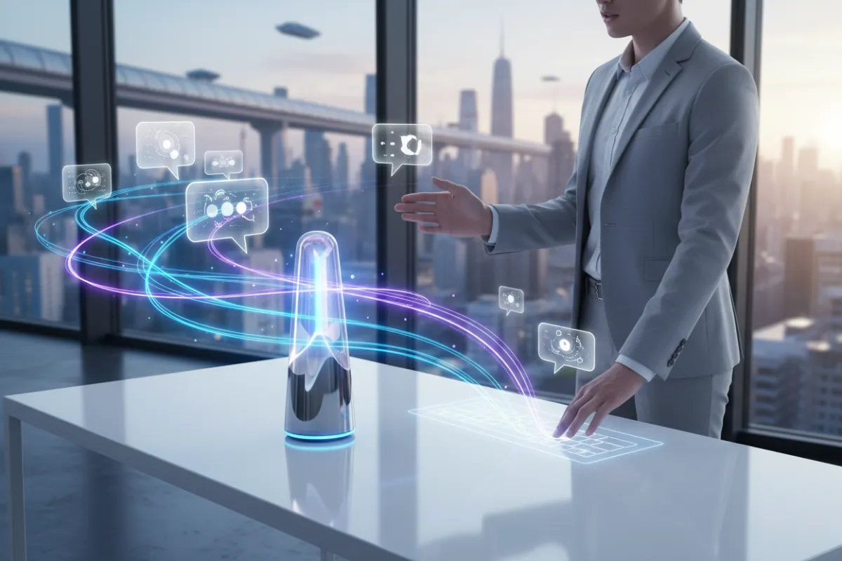 A futuristic AI voice assistant device on a sleek desk, surrounded by digital sound waves and chat bubbles. The setting is a contemporary workspace, with a business professional interacting with the assistant using both voice and text commands.