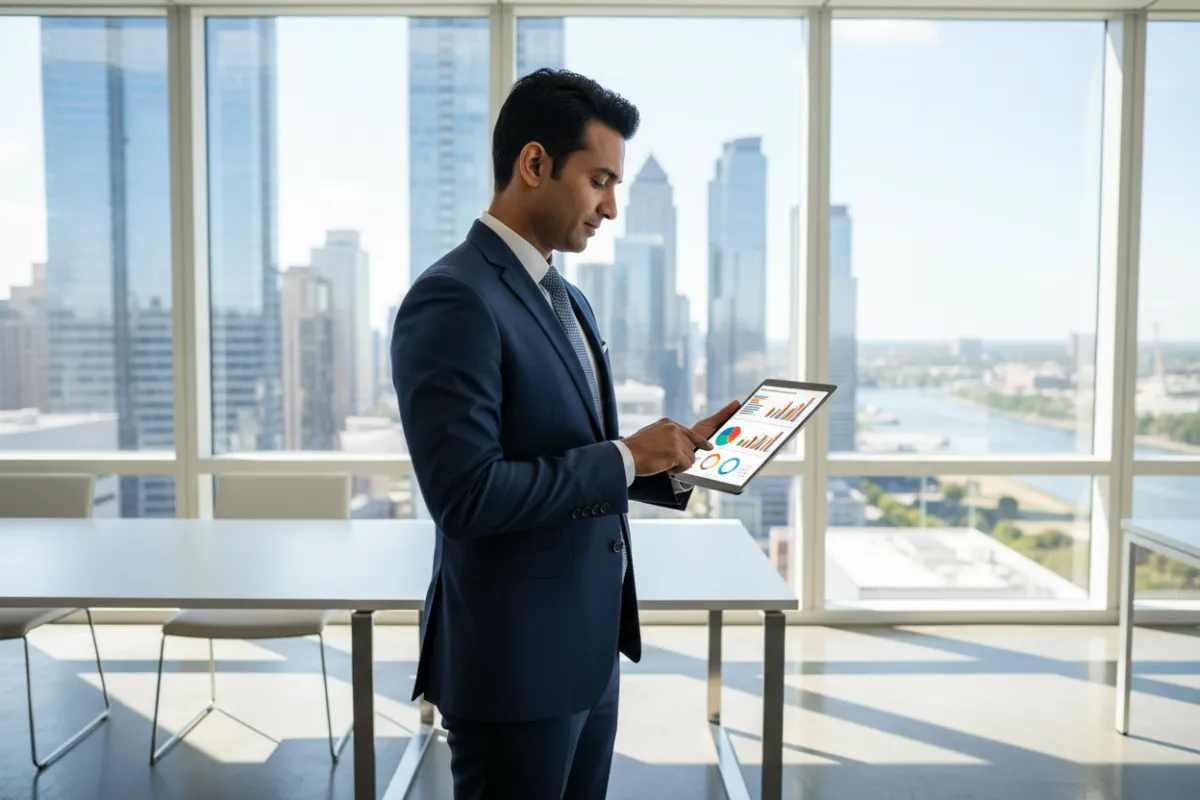 A confident business consultant in a modern office, reviewing marketing analytics on a digital tablet, with a cityscape visible through large windows. The consultant is mid-30s, South Asian, wearing a navy suit. The style is crisp, professional, and vibrant. 3:2 aspect ratio.