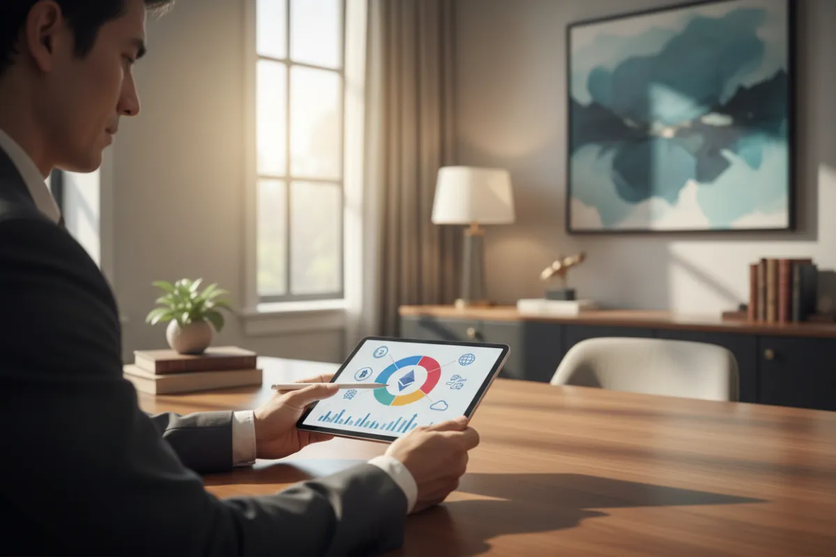 A consultant and client discussing digital asset diversification over a tablet, with charts and asset icons visible. The setting is a private office, emphasizing personalized guidance and strategic financial planning.