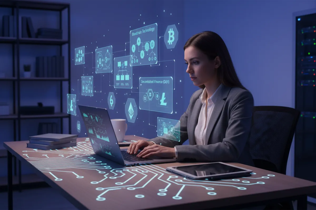 A young professional studying digital asset management on a laptop, surrounded by crypto icons and educational infographics. The workspace is organized and tech-savvy, reflecting a focus on learning and mastering cryptocurrency concepts.