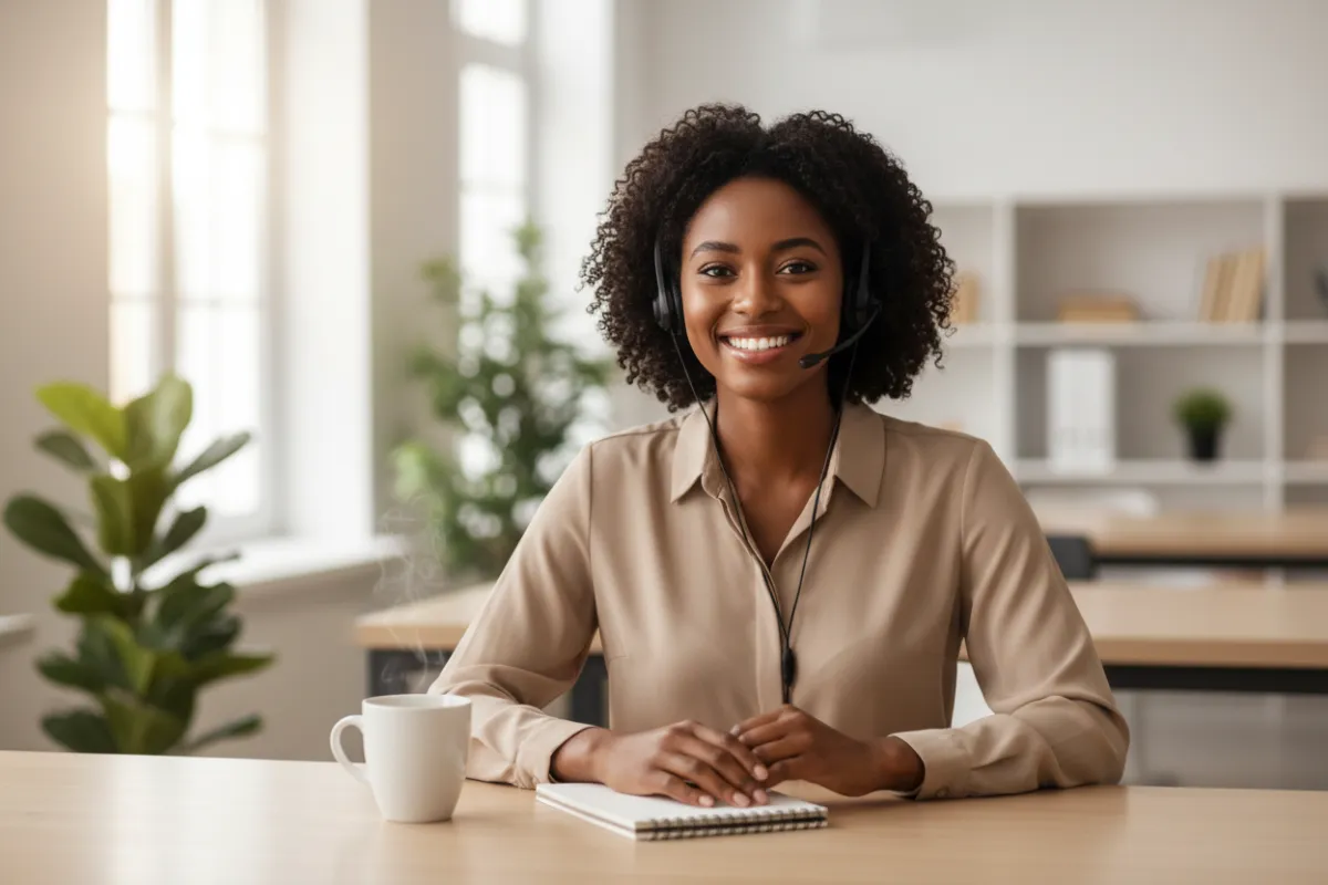 A friendly customer support representative, mid-20s Black woman, wearing a headset and smiling at her desk with a notepad and coffee mug. The background is a softly lit, modern workspace. 3:2 aspect ratio.
