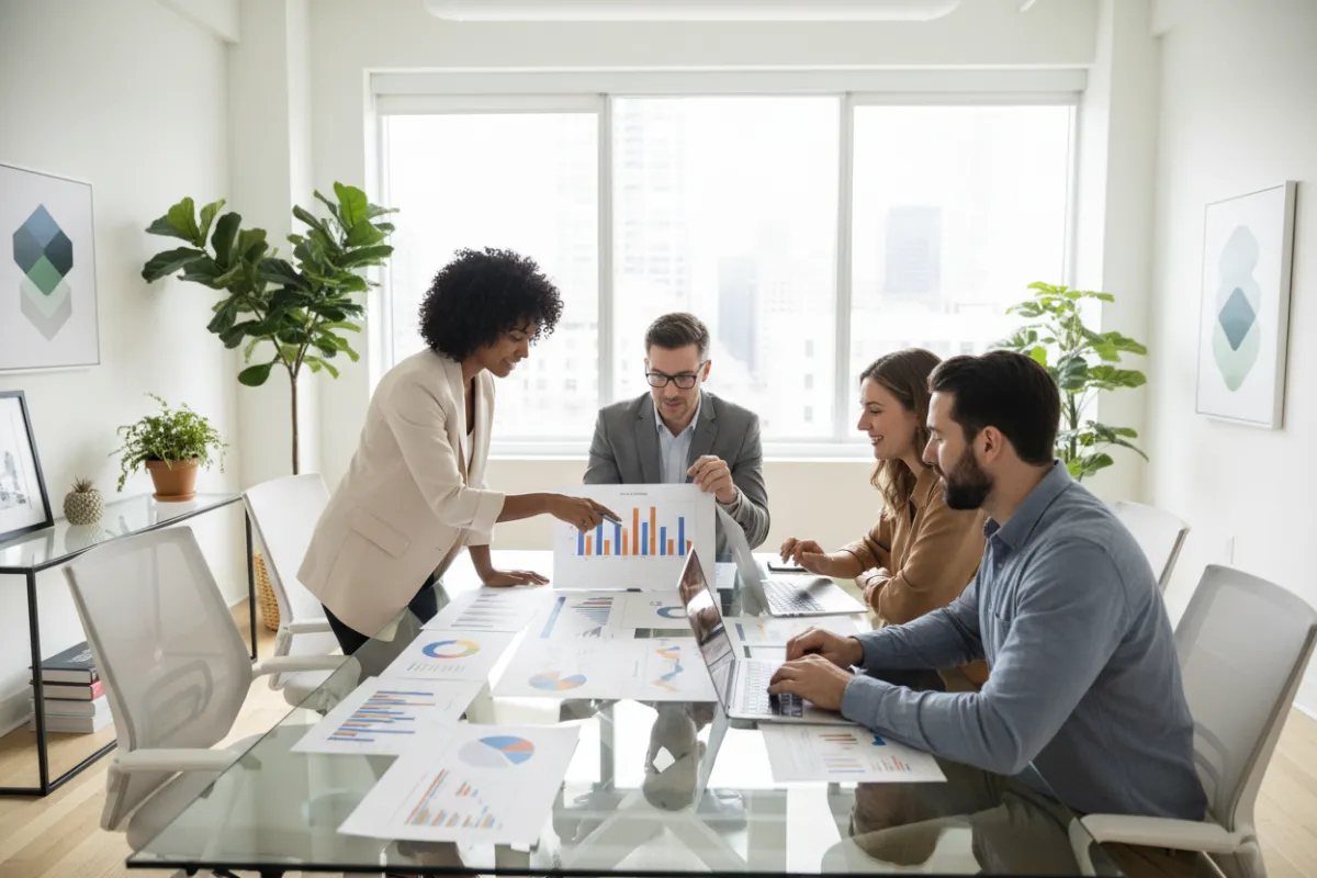 A diverse group of four marketing professionals, two women and two men, collaborating around a glass table with laptops and charts. The setting is a bright, open office with plants and modern decor. 3:2 aspect ratio.