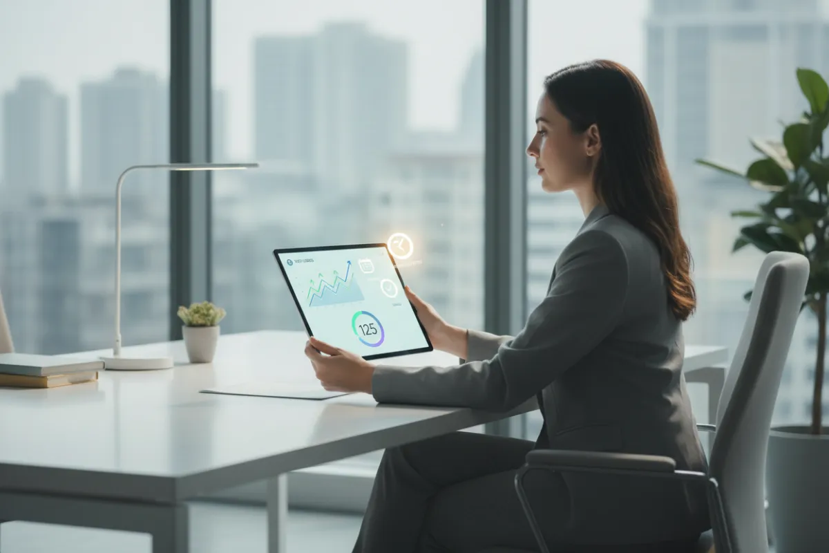 A businesswoman using a digital tablet to review a dashboard of new leads, with animated graphs and appointment icons. The office is bright and modern, emphasizing technology-driven lead generation and professional efficiency.
