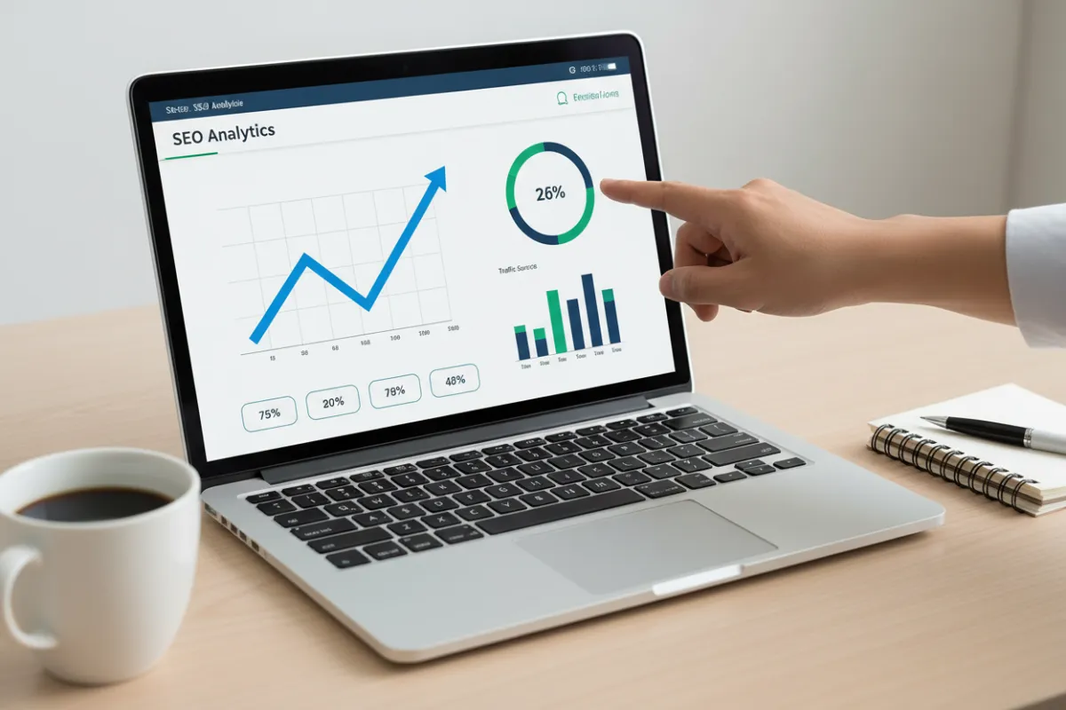 A close-up of a laptop screen displaying advanced SEO analytics dashboards, with a hand pointing at a rising graph. The workspace is minimal, with a cup of coffee and a notepad. 3:2 aspect ratio.