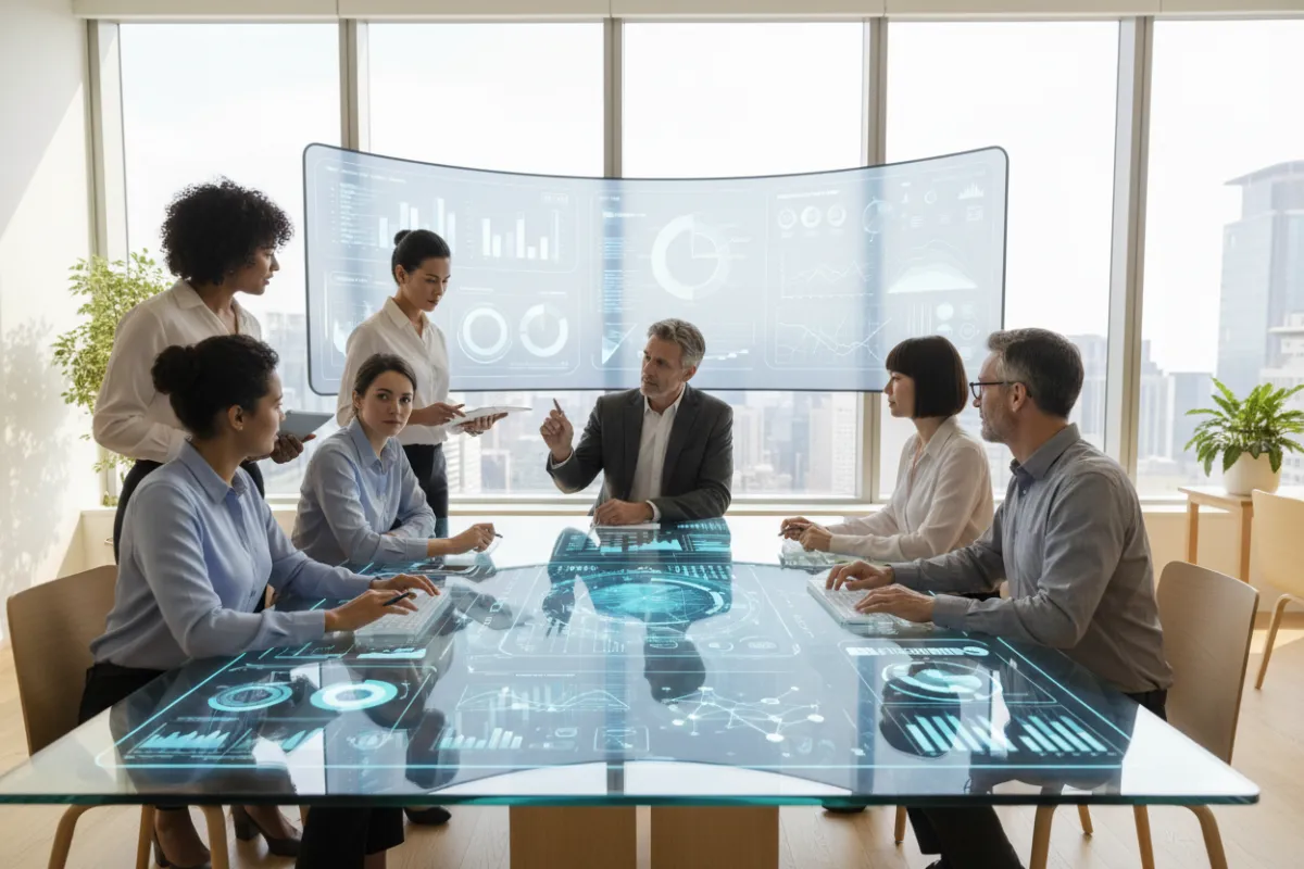 A diverse team of marketing professionals collaborating with advanced AI interfaces and digital dashboards, set in a modern office with bright natural light. The group includes men and women of various ages and backgrounds, all focused on innovative marketing strategies.