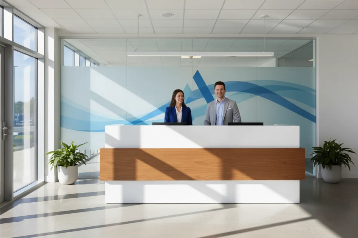 Oficina moderna y luminosa con personal amable en recepción, branding sutil de agencia, ambiente profesional y acogedor.