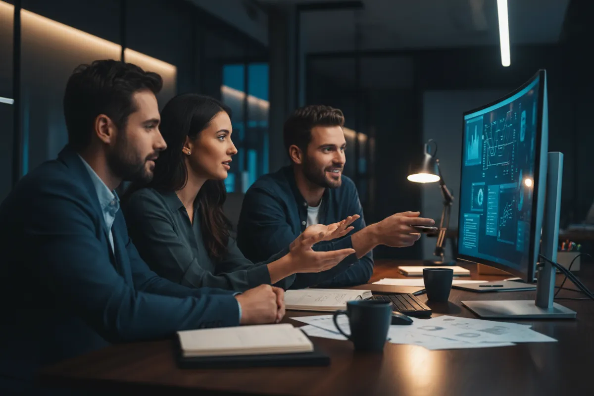 Equipo multidisciplinar colaborando en oficina moderna