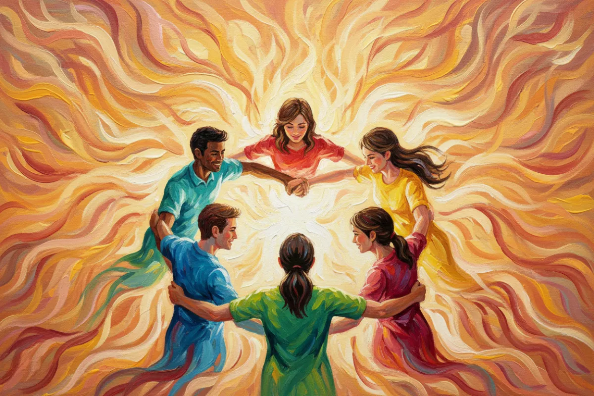 Canvas painting of a small, diverse group in a circle, hands joined, with warm, swirling background, representing unity and shared growth in a supportive coaching environment.