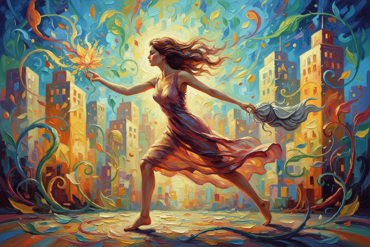 Oil painting of a woman in mid-stride, vibrant cityscape behind her, brushstrokes suggesting movement and growth, symbolising personal transformation and forward momentum.