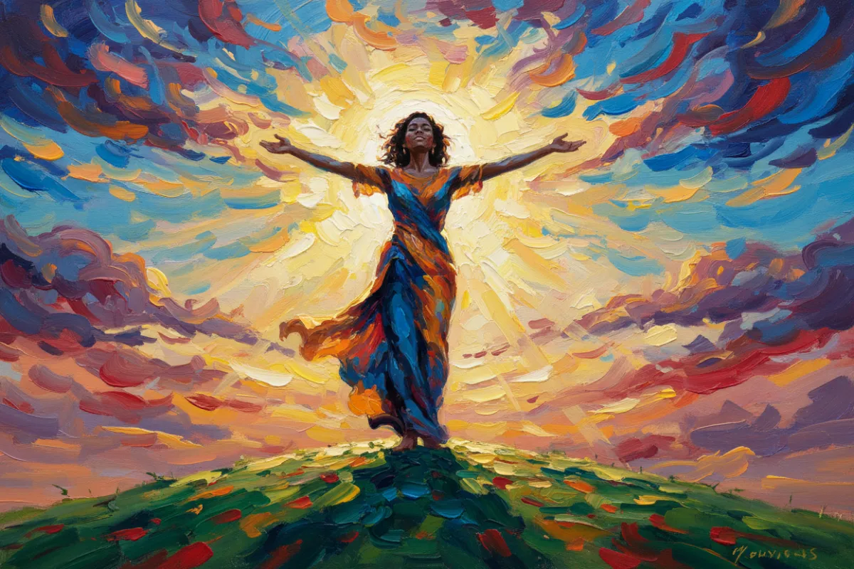 Oil painting of a confident, diverse woman standing on a sunlit hill, arms open, with vibrant sky and abstract brushstrokes, symbolising empowerment and new beginnings.