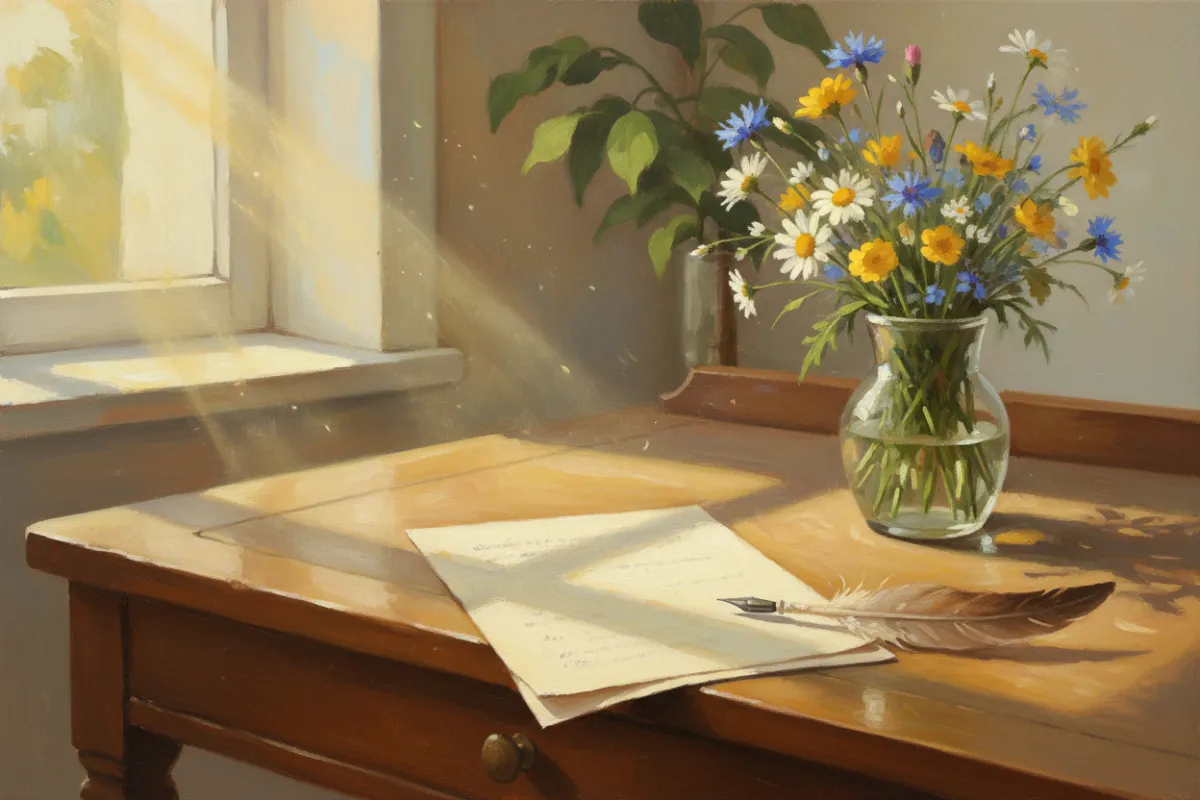 Canvas painting of a classic writing desk with a letter, pen, and a vase of wildflowers, sunlight streaming in, evoking warmth and open communication.