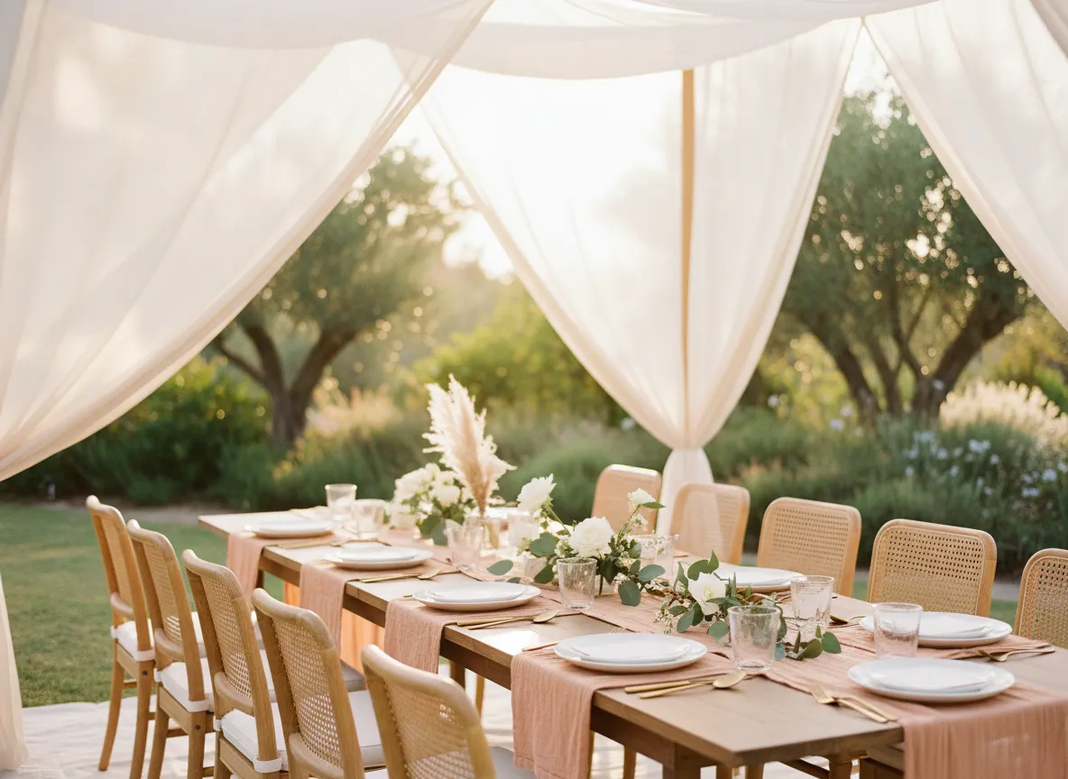 Outdoor dining setup with linens and decor