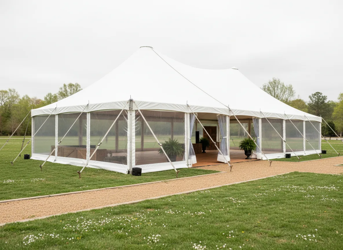 Daytime tent with sidewalls ready for Atlanta weather