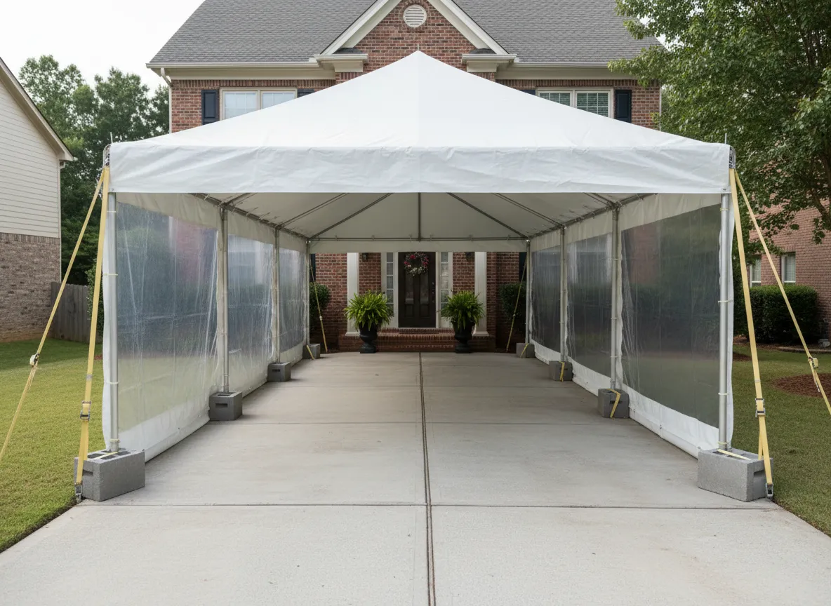 Driveway tent install with clear walkways