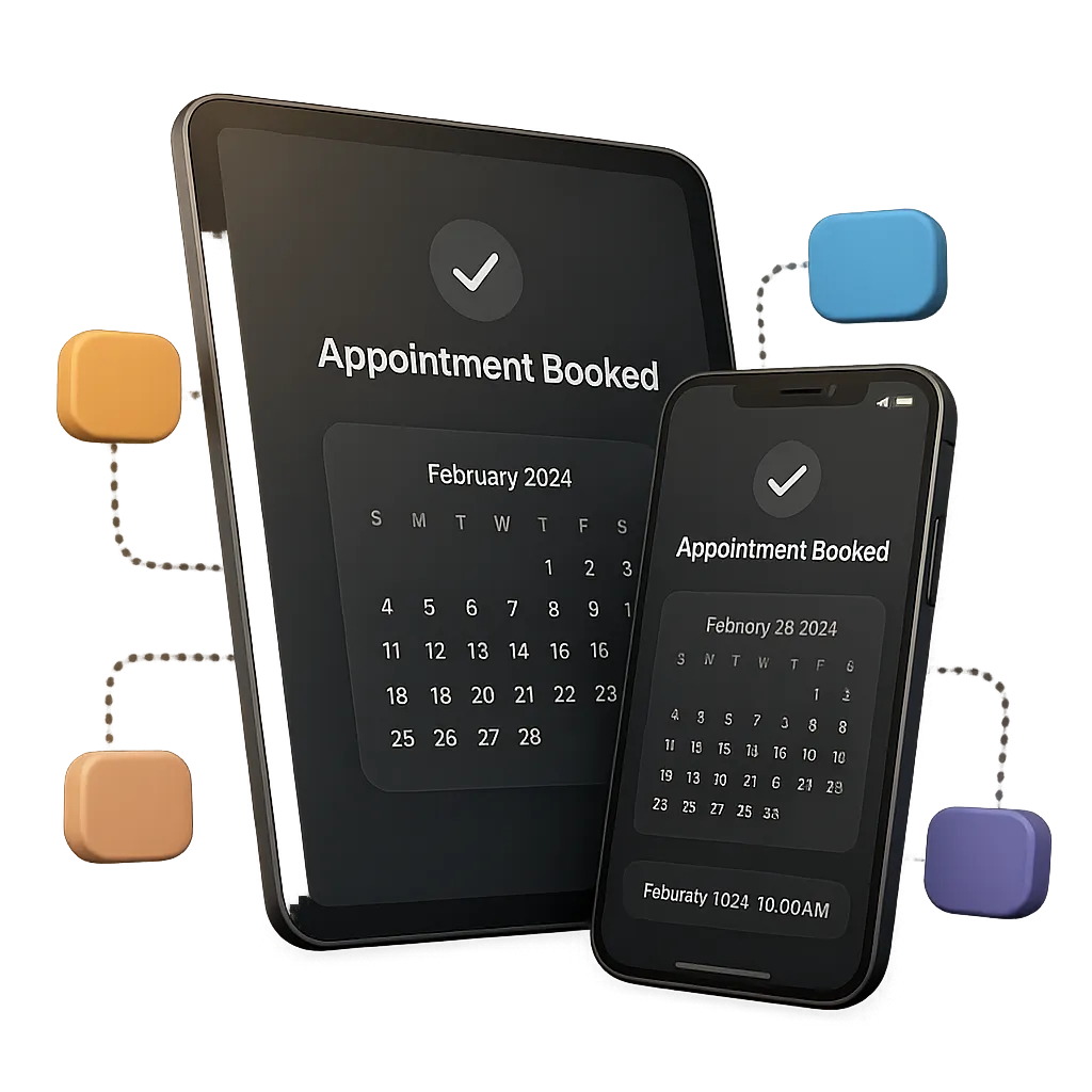 Floating mobile and tablet dashboard displaying an Appointment Booked calendar interface with automation nodes