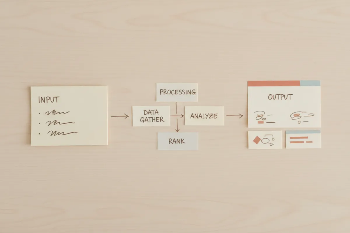 Flat-lay of notes and sticky cards outlining an AI search workflow