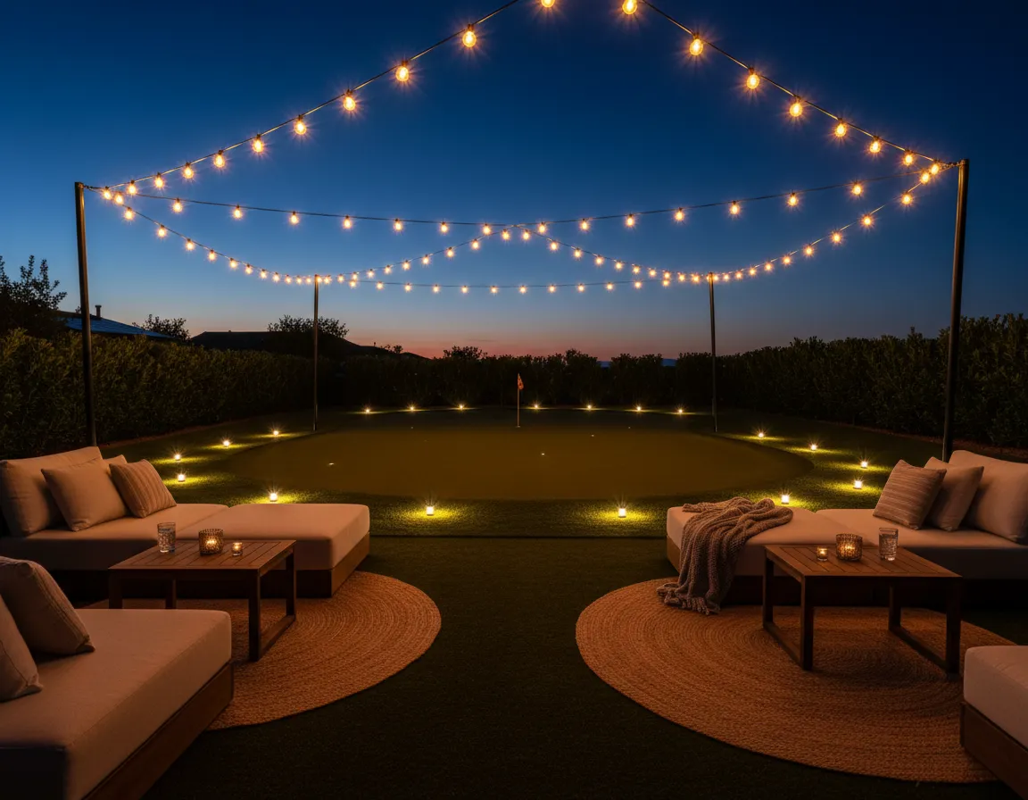 Evening backyard with lit putting green and lounge seating.