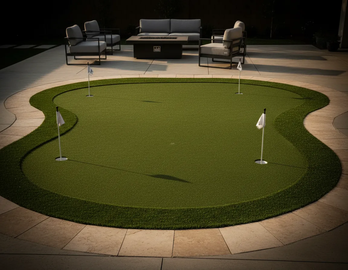 Backyard putting green with warm neutral stone and seating.