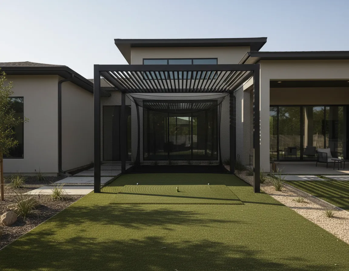 Golf swing bay with modern net and turf hitting area.