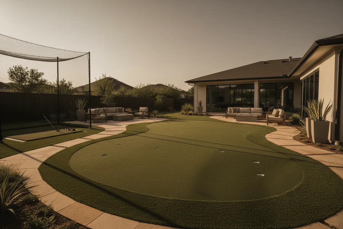 Modern backyard with premium turf putting green and golf swing bay.